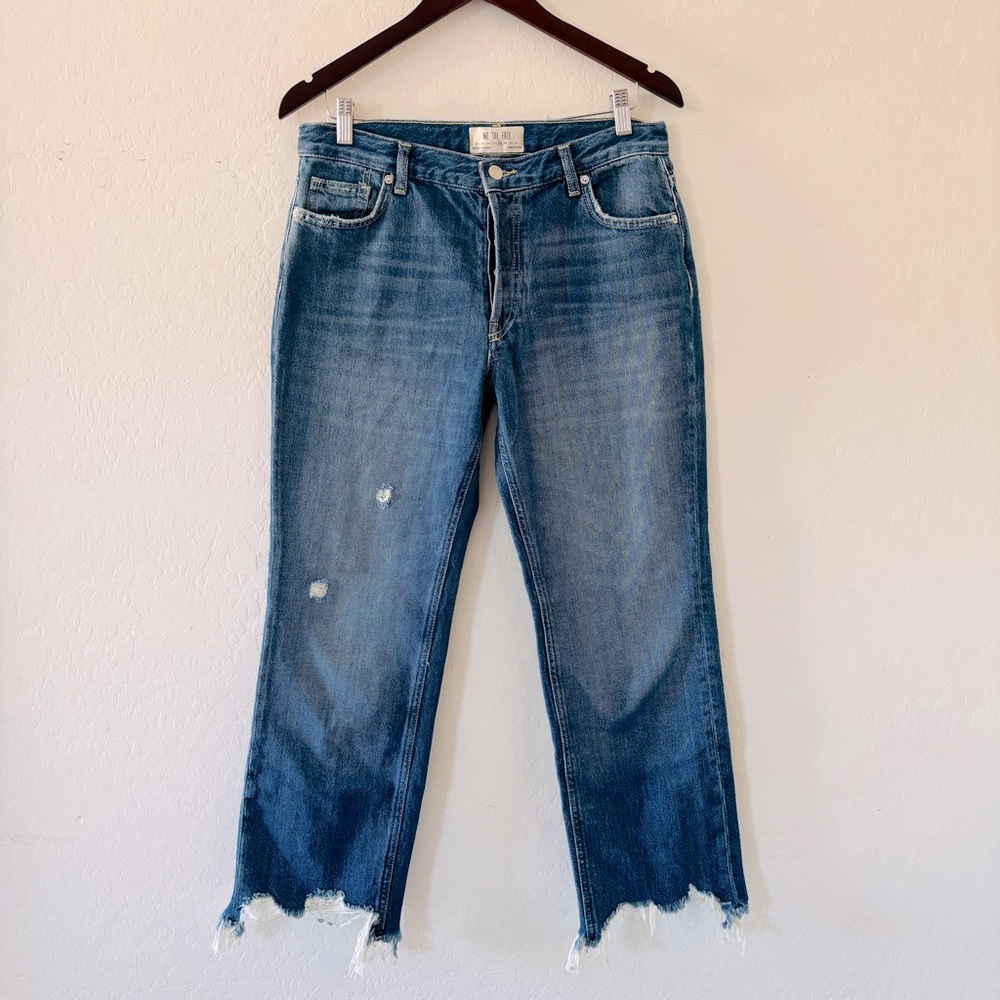 We The Free Button Fly Straight Leg Crop Jeans with Distressed Details Cotton 28
